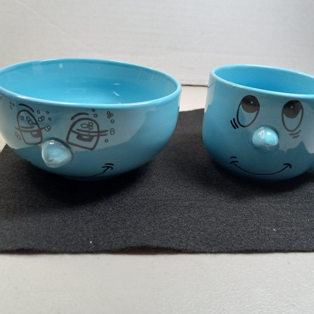 Vintage Livingware Collection 3 D Blu Fun Faces Cup and Bowl Cottagecore Kitsch